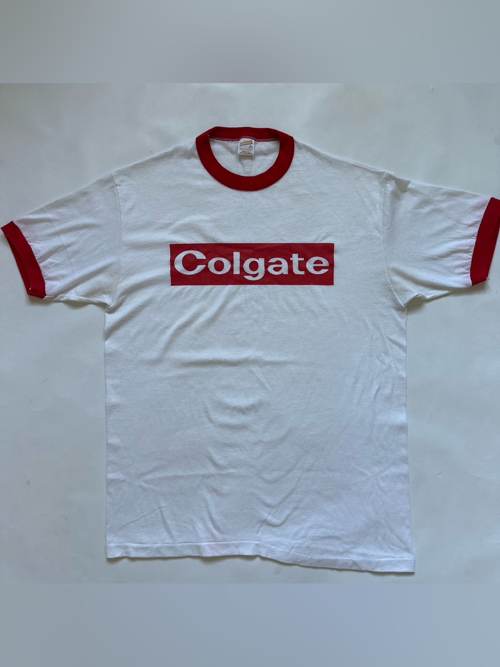 Vintage single stitch ringer Colgate promo employee souvenir tshirt usa made